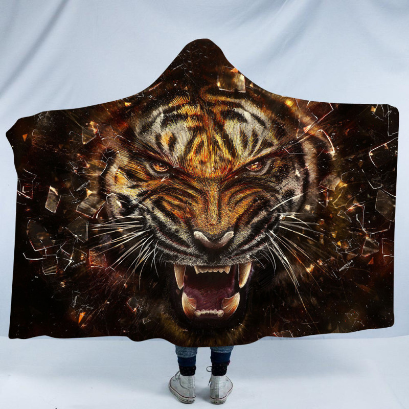 호랑이 사자 동물 후드 입는 담요 기모 블랭킷 130x150cm 37 내부 북극 벨벳 - 상세 이미지 3