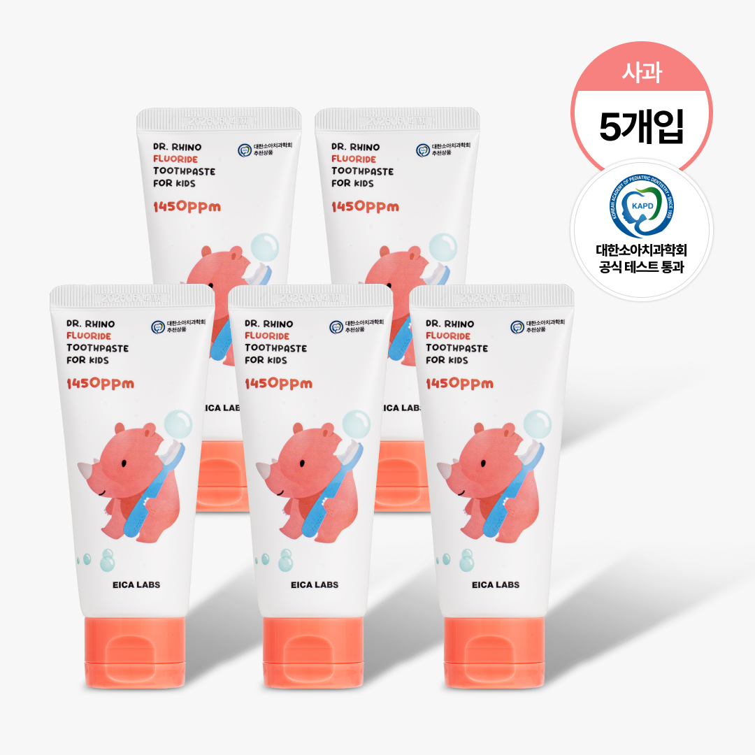 에이카랩스 어린이치약 코뿔소치약 불소 고불소 유아 아기 초등학생 주니어 사과향, 60g, 5개