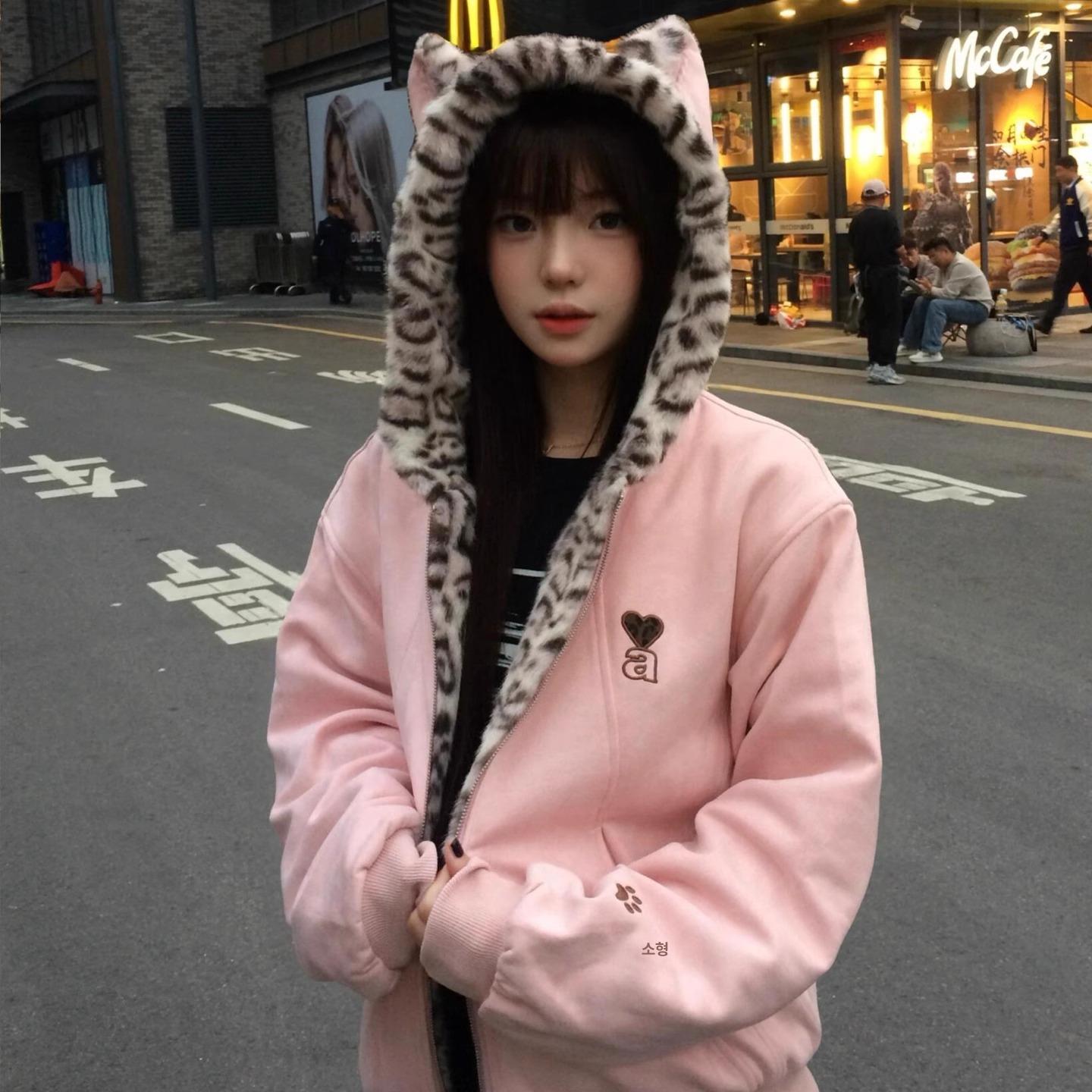 귀여운 토끼 귀 후드 자켓 여성 겨울 두꺼운 아우터 - 상세 이미지 4