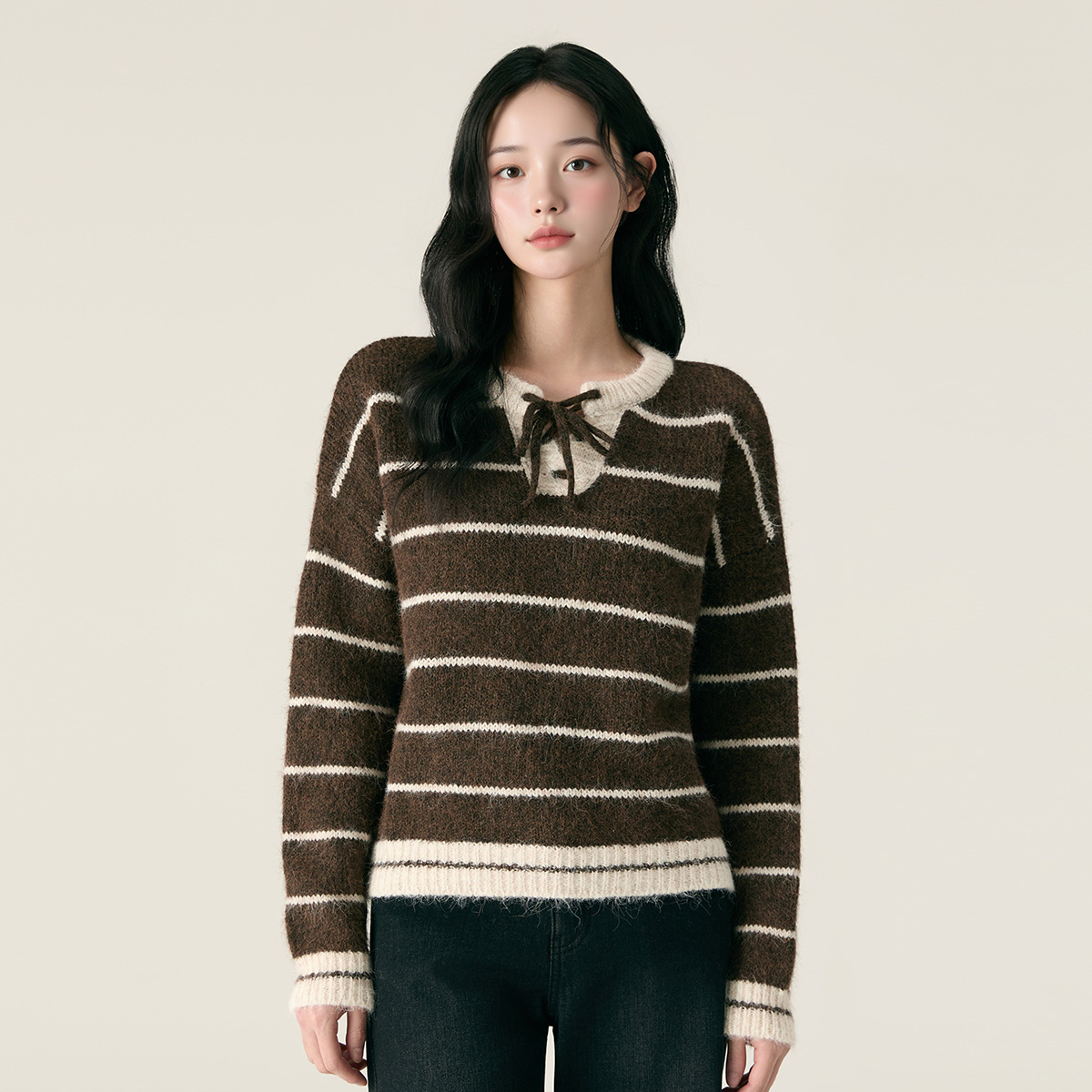 [N배송] 로엠 끈 디테일 스트라이프 니트 RMKAG11RTD 이미지 2