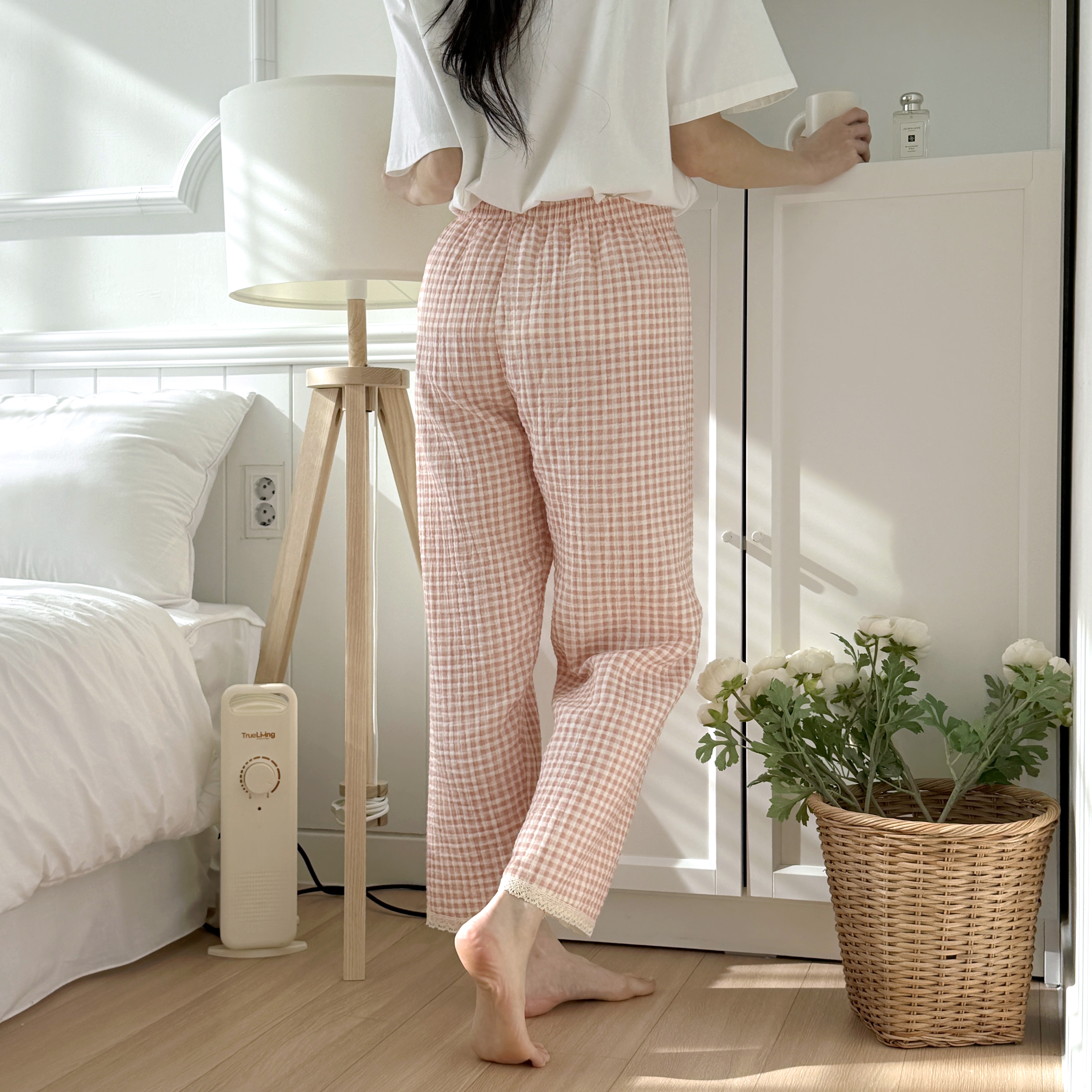 국산 면100잠옷 요루면 순면파자마바지 3중거즈 모노체크 잠옷 - 상세 이미지 4