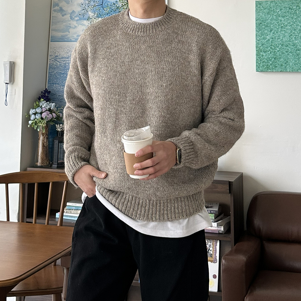 남자 니트 두꺼운 오버핏 레드 빨간 커플 알파카 니트 남자스웨터 - 상품 이미지