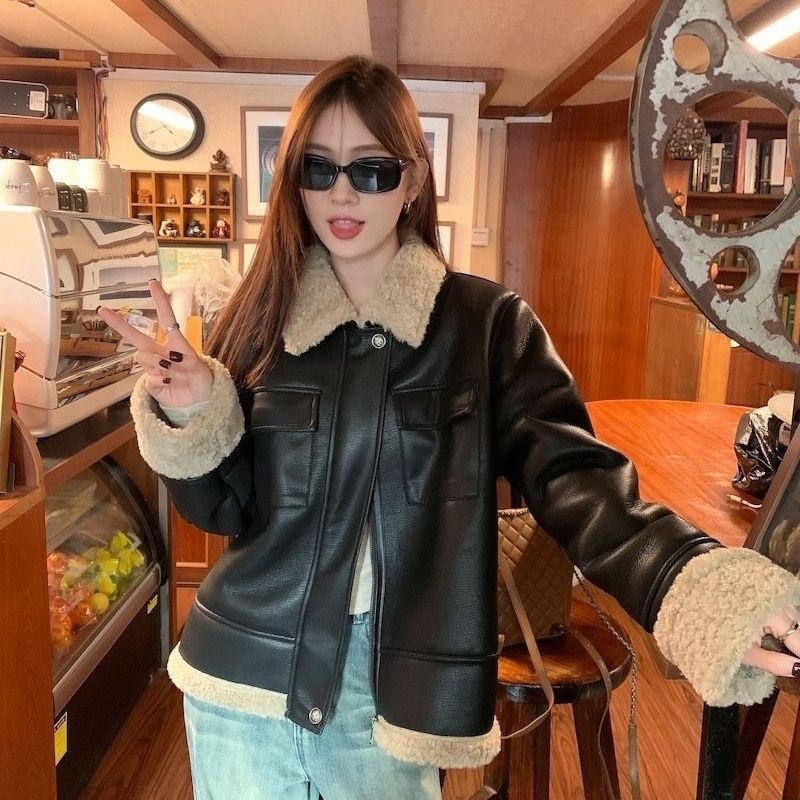 여성용 가을 겨울 도톰한 가죽 퍼 일체형 스웨이드 재킷 - 상품 이미지