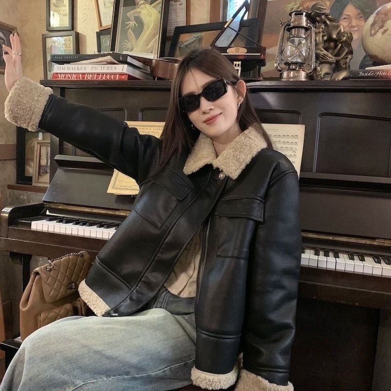 여성용 가을 겨울 도톰한 가죽 퍼 일체형 스웨이드 재킷 - 상세 이미지 2