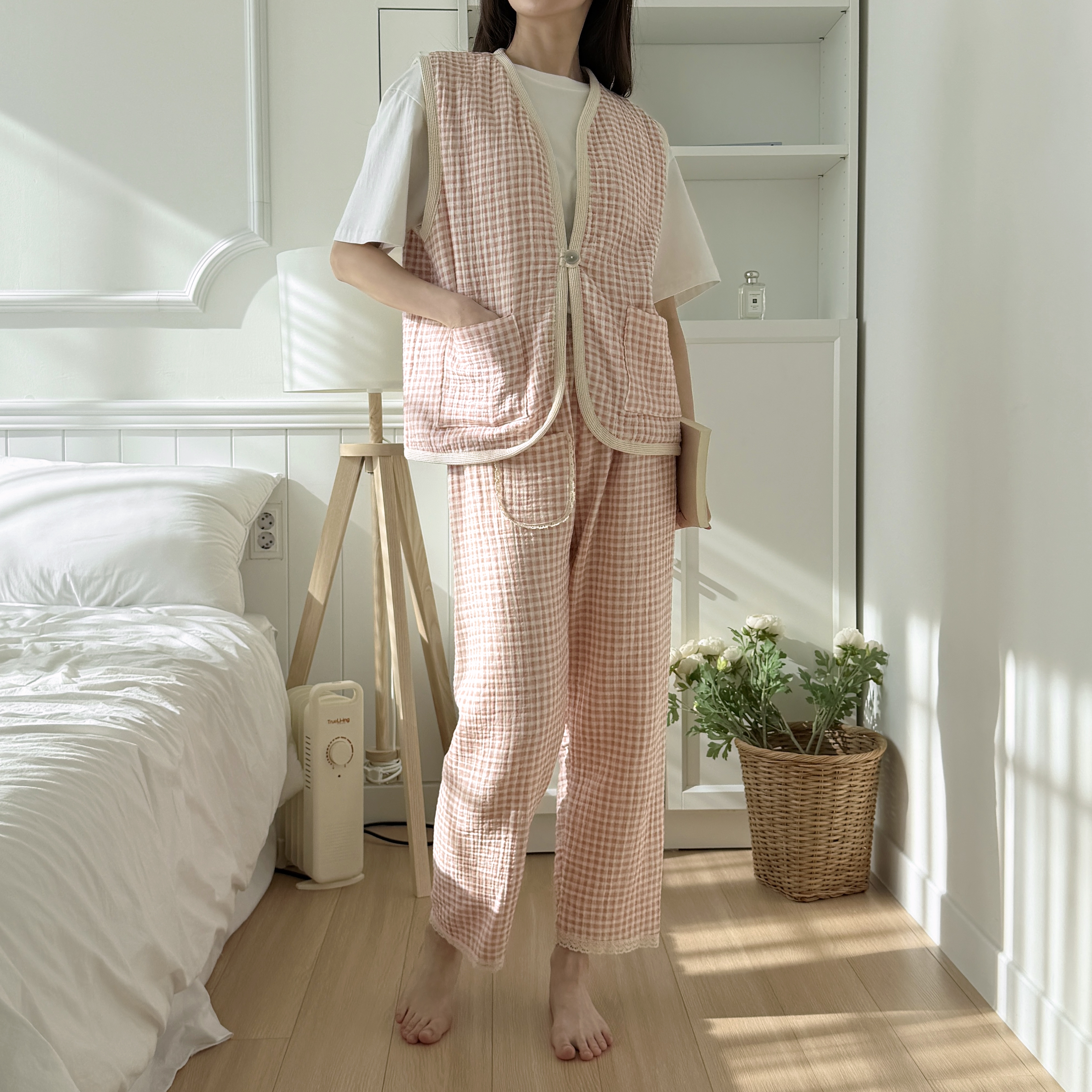 국산 면100잠옷 요루면 순면파자마바지 3중거즈 모노체크 잠옷 이미지 7