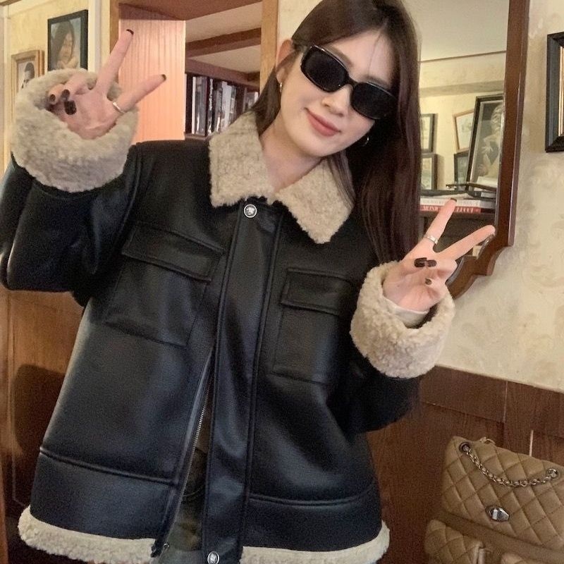 여성용 가을 겨울 도톰한 가죽 퍼 일체형 스웨이드 재킷 - 상세 이미지 3