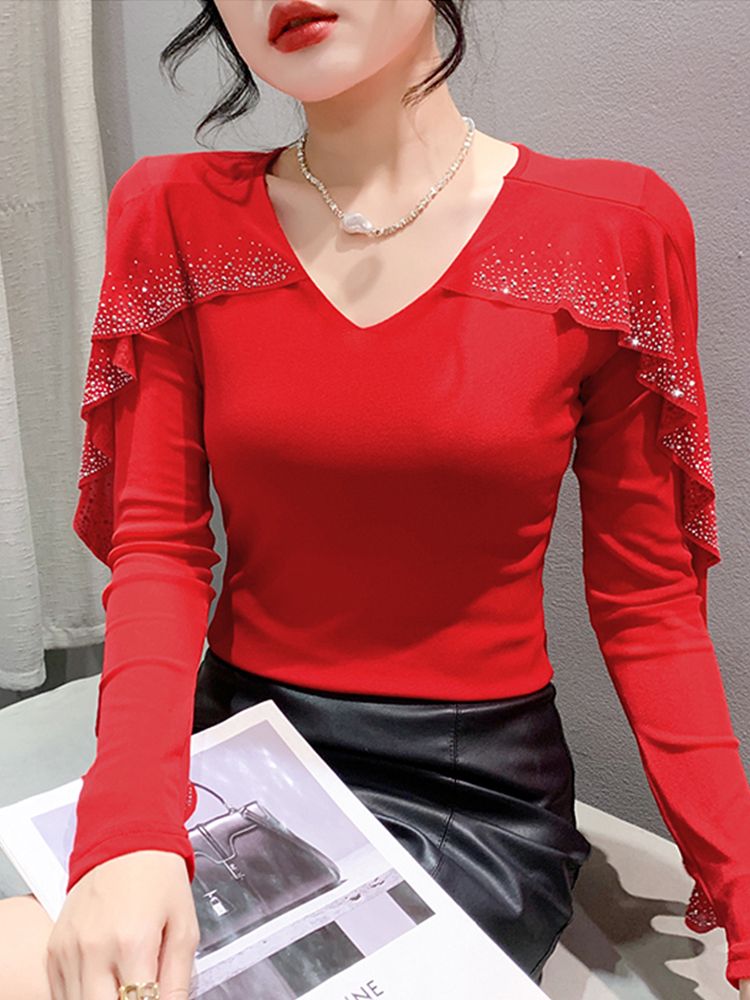 여성브이넥 망사티셔츠 슬림핏 반짝장식 프릴 긴팔 상의 - 상세 이미지 5