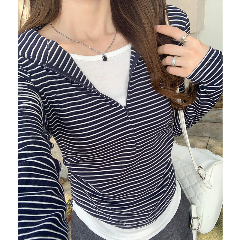 여성 데일리 브이넥 스트라이프 후드 긴팔 티셔츠 간절기 이너 기본 베이직 루즈핏 캐주얼 가을 - 상세 이미지 3
