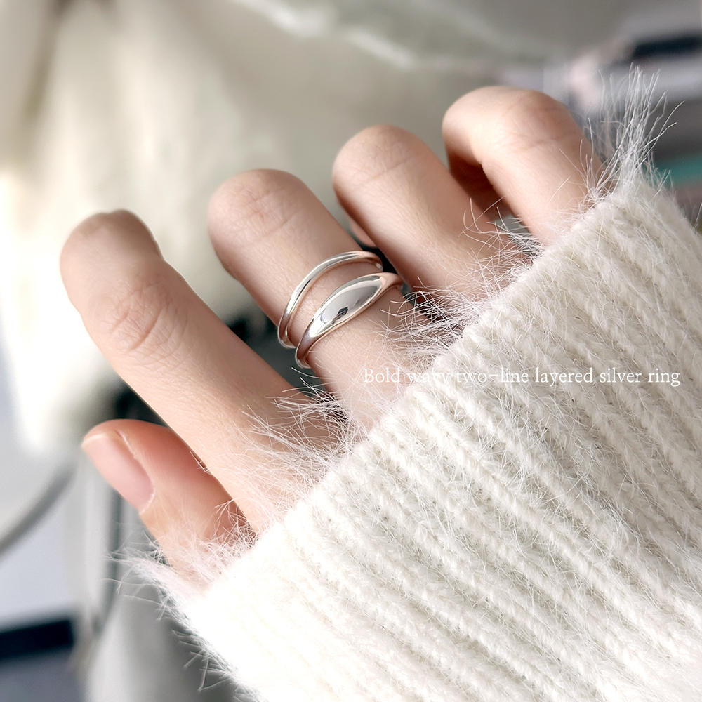 silver925 볼드 물결 웨이브 두줄 레이어드 은 반지 실버925 사이즈조절 - 상품 이미지