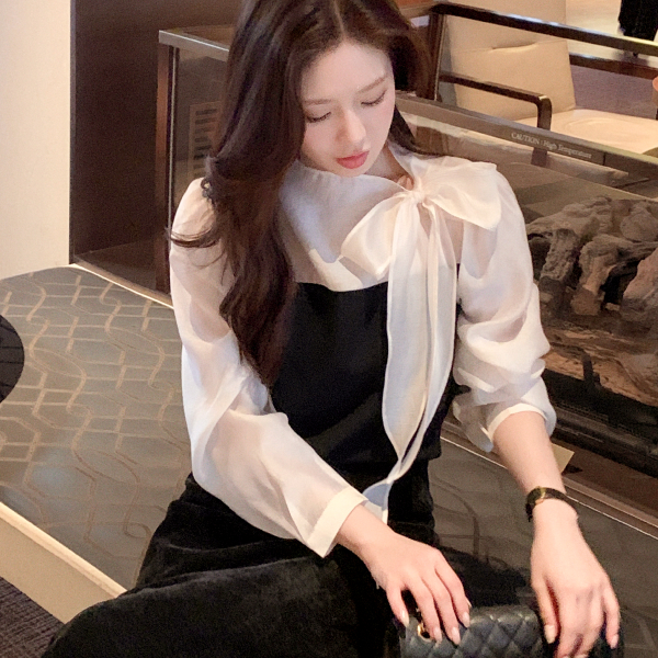 사이드 리본 배색 블라우스 bs8570 - 상품 이미지