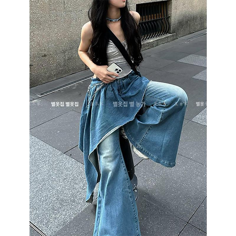 여성 가을 워싱 데님 팬츠 레트로 디자인 롱바지 트렌디 스타일 - 상세 이미지 3