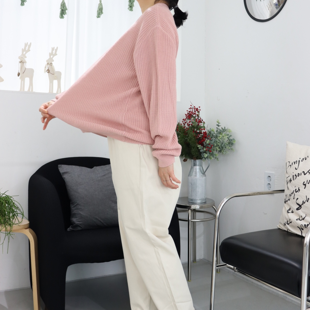 4XL 빅사이즈 카라 지퍼 니트 티셔츠 박시 오버핏 인디핑크 아이보리 긴팔 롱니트티 이미지 7