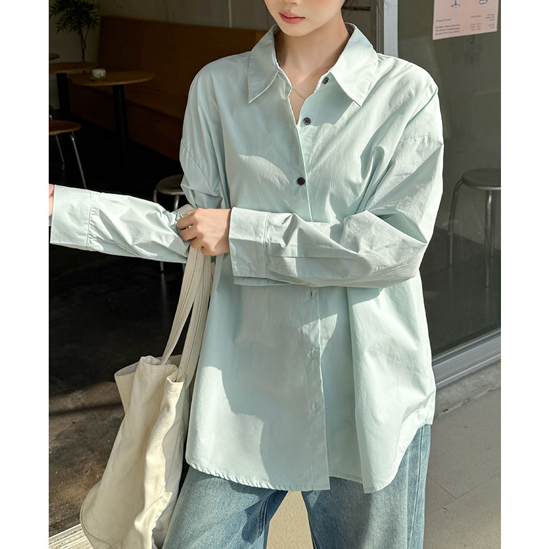 여성 루즈핏 오버핏 면 카라 긴팔 셔츠 블라우스 데일리 베이직 간절기 오피스 코디 봄 가을 - 상세 이미지 2