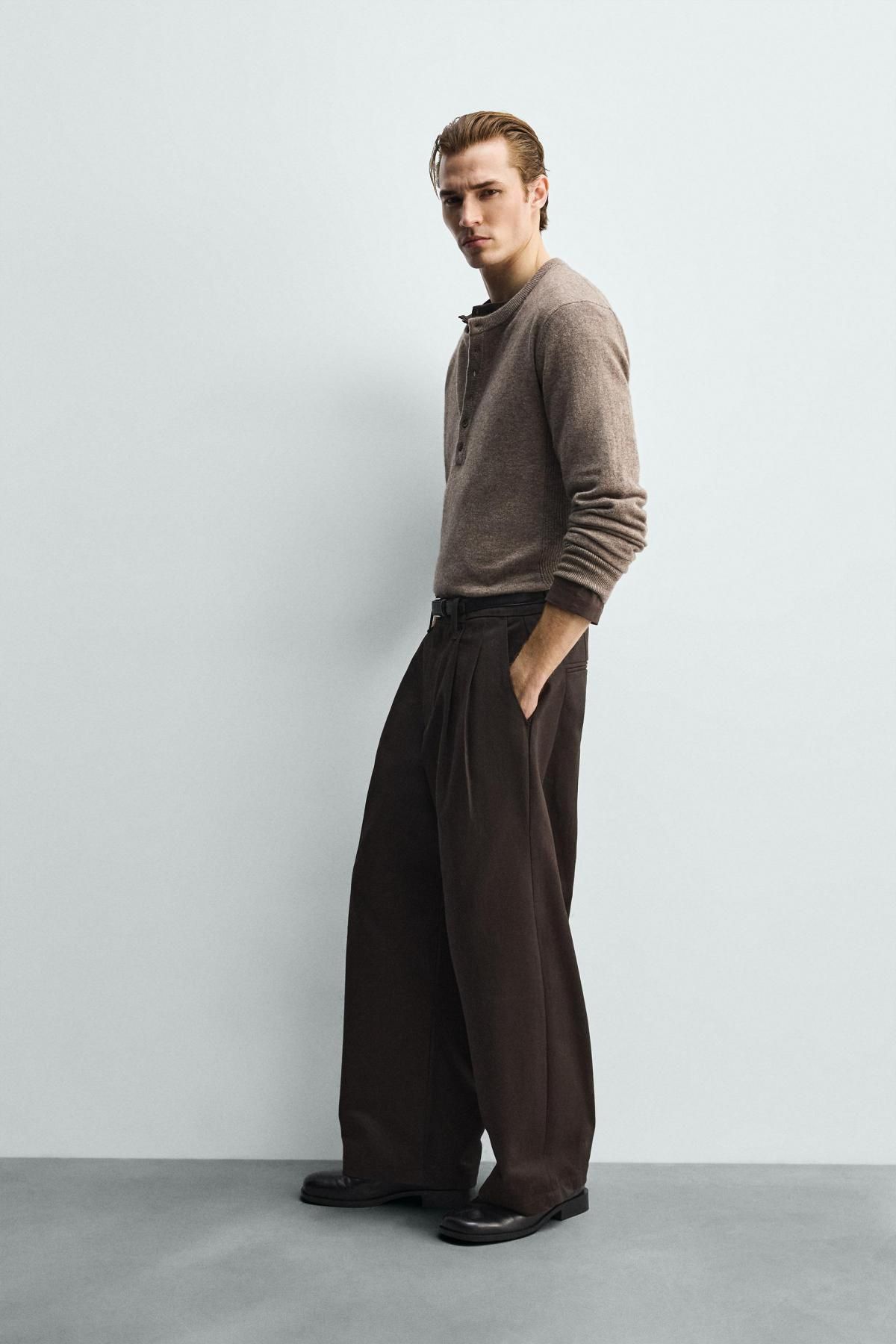 자라 울 혼방 베이커 칼라 니트 스웨터 2893/368 BROWN / TAUPE - 상세 이미지 5