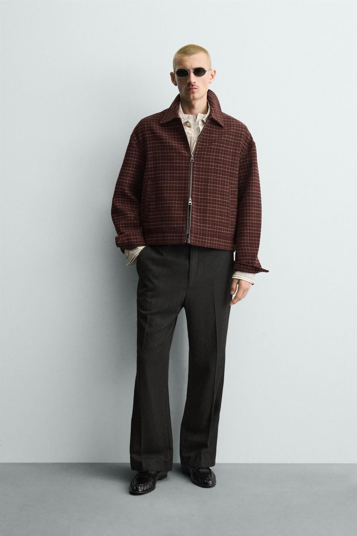 자라 테크니컬 체크 울블렌드 집업 재킷 0155/355 BURGUNDY - 상세 이미지 2