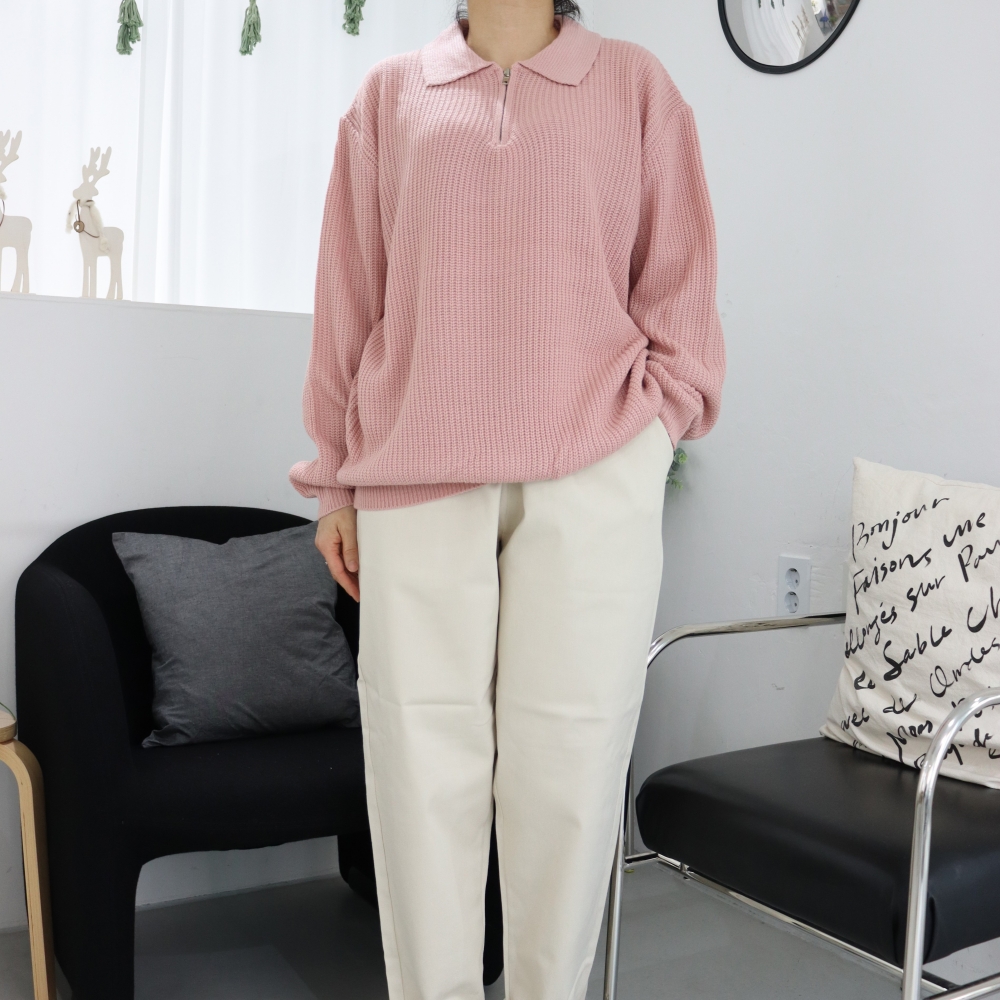 4XL 빅사이즈 카라 지퍼 니트 티셔츠 박시 오버핏 인디핑크 아이보리 긴팔 롱니트티 - 상품 이미지