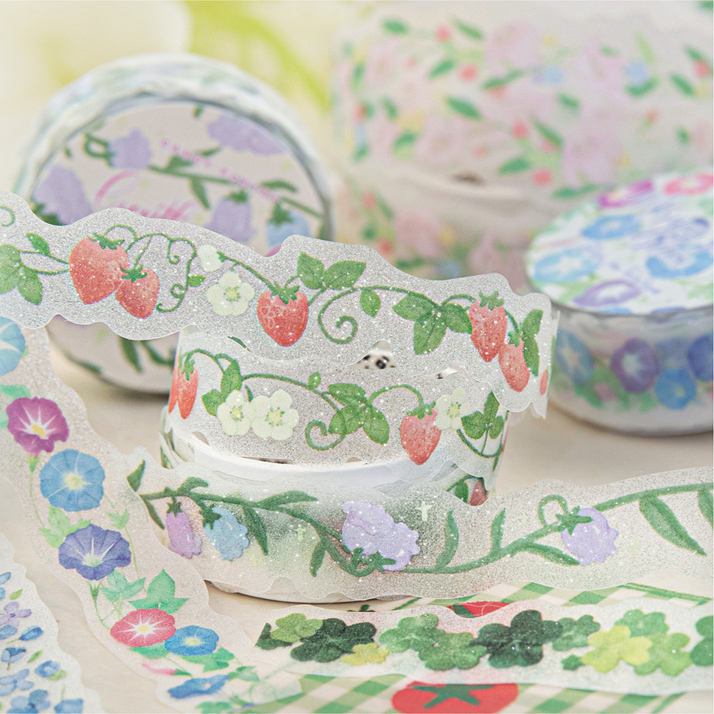 [세트구매 6종] 나팔꽃 클로버 딸기 덩굴 얇은 안개 글리터 PET 다이어리꾸미기 마스킹테이프 이미지 2