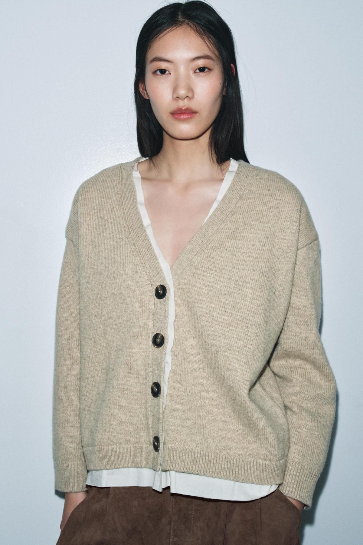 자라 울 블렌드 배색 브이넥 가디건 2142/202 SAND / MARL - 상세 이미지 3