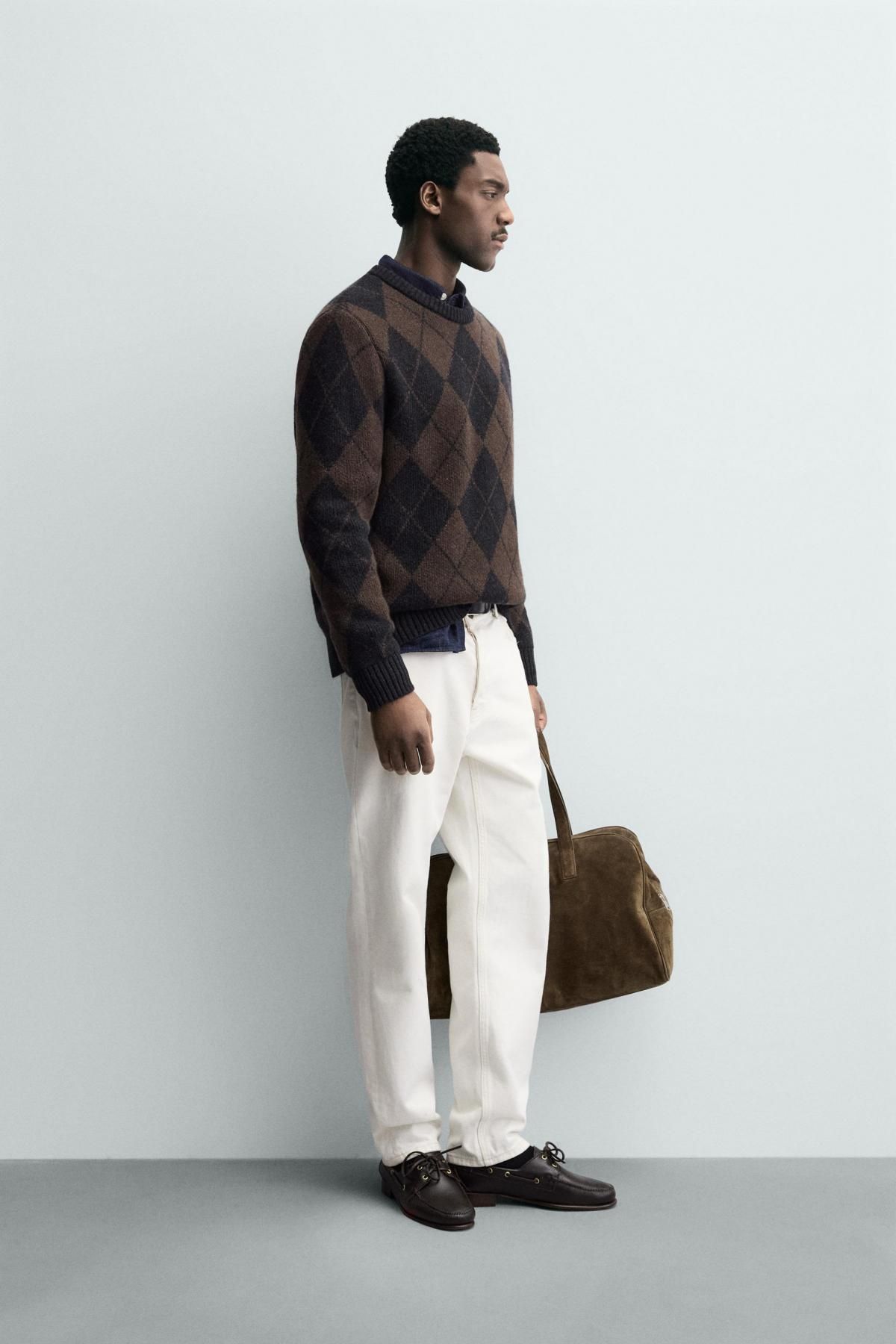 자라 아가일 울 혼방 라운드 니트 스웨터 2632/311 DARK BROWN - 상세 이미지 5