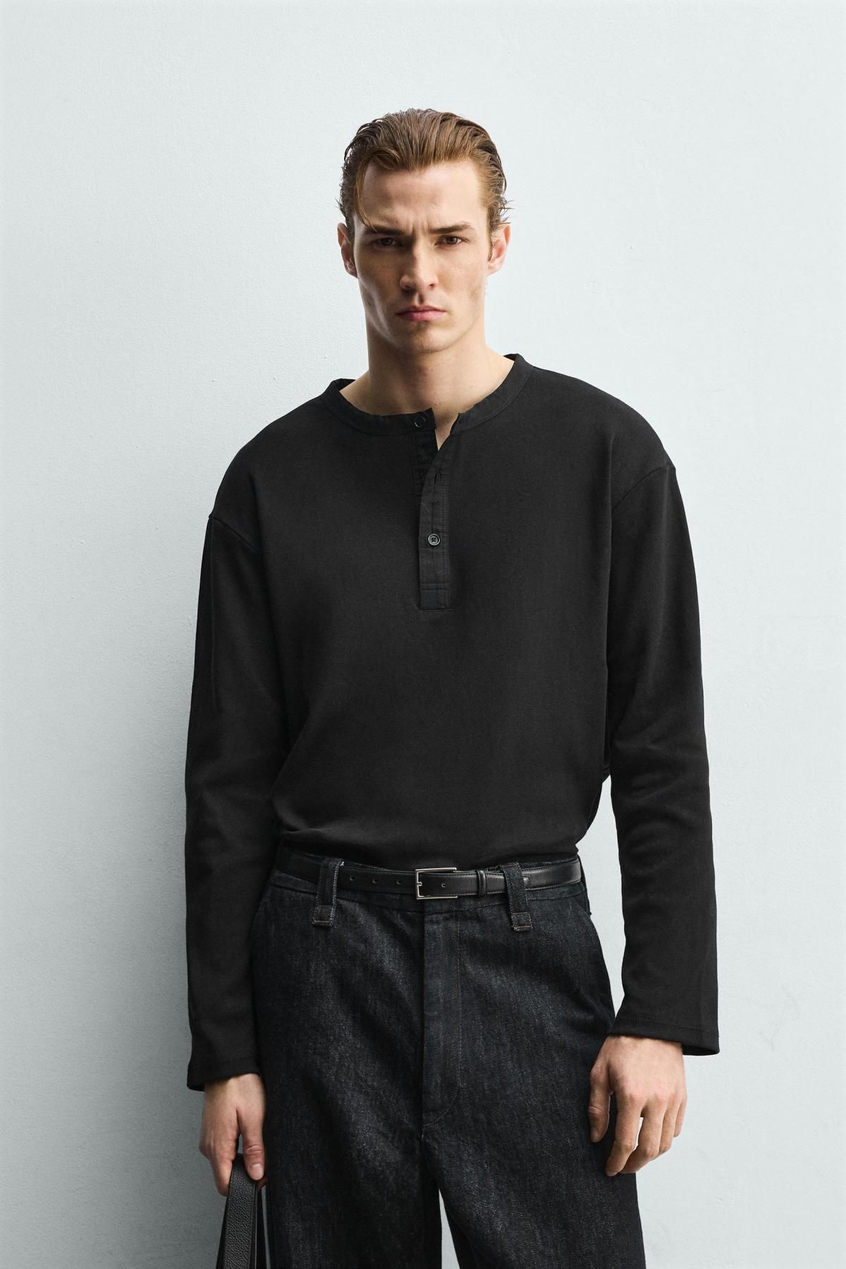 자라 골지 헨리넥 긴팔 티셔츠 블랙 5584/443 BLACK - 상세 이미지 3