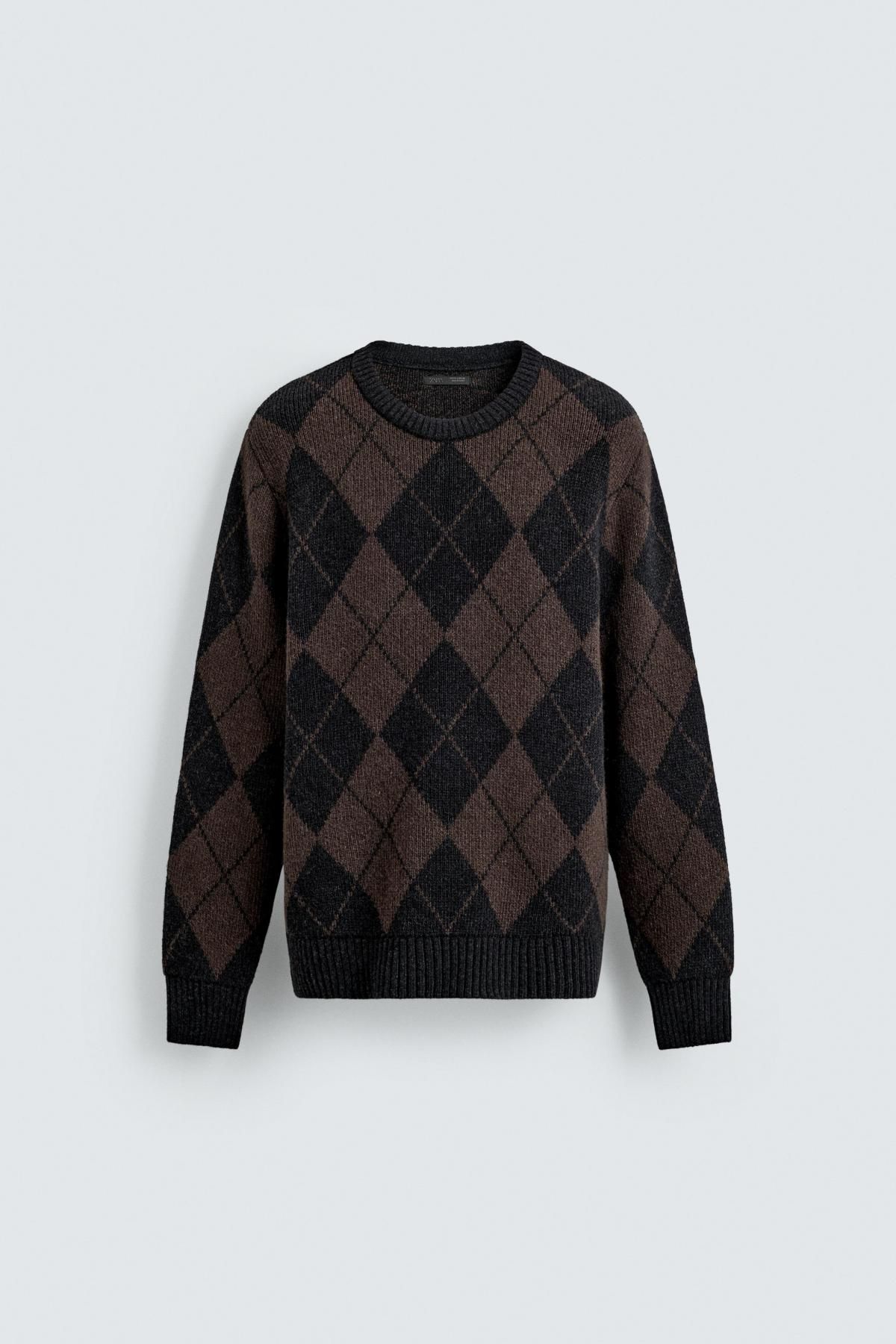 자라 아가일 울 혼방 라운드 니트 스웨터 2632/311 DARK BROWN - 메인 이미지