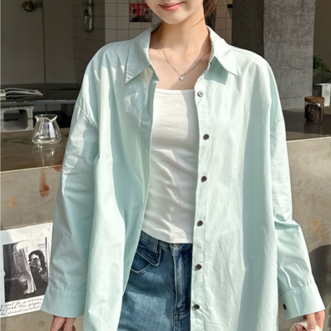 여성 루즈핏 오버핏 면 카라 긴팔 셔츠 블라우스 데일리 베이직 간절기 오피스 코디 봄 가을 - 상품 이미지