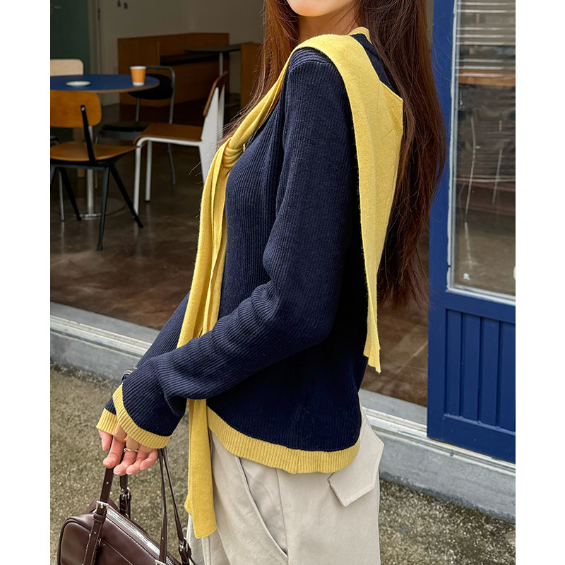 여성 넥 스카프 배색 긴팔 니트 티셔츠 데일리 오피스룩 베이직 루즈핏 가을 - 상세 이미지 5