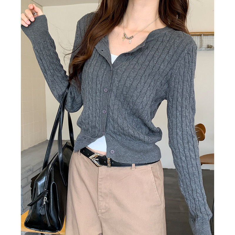 여성 데일리 라운드넥 긴팔 니트 꽈배기 가디건 슬림핏 베이직 버튼 아우터 간절기 오피스룩 봄 가을 코디 - 상세 이미지 3