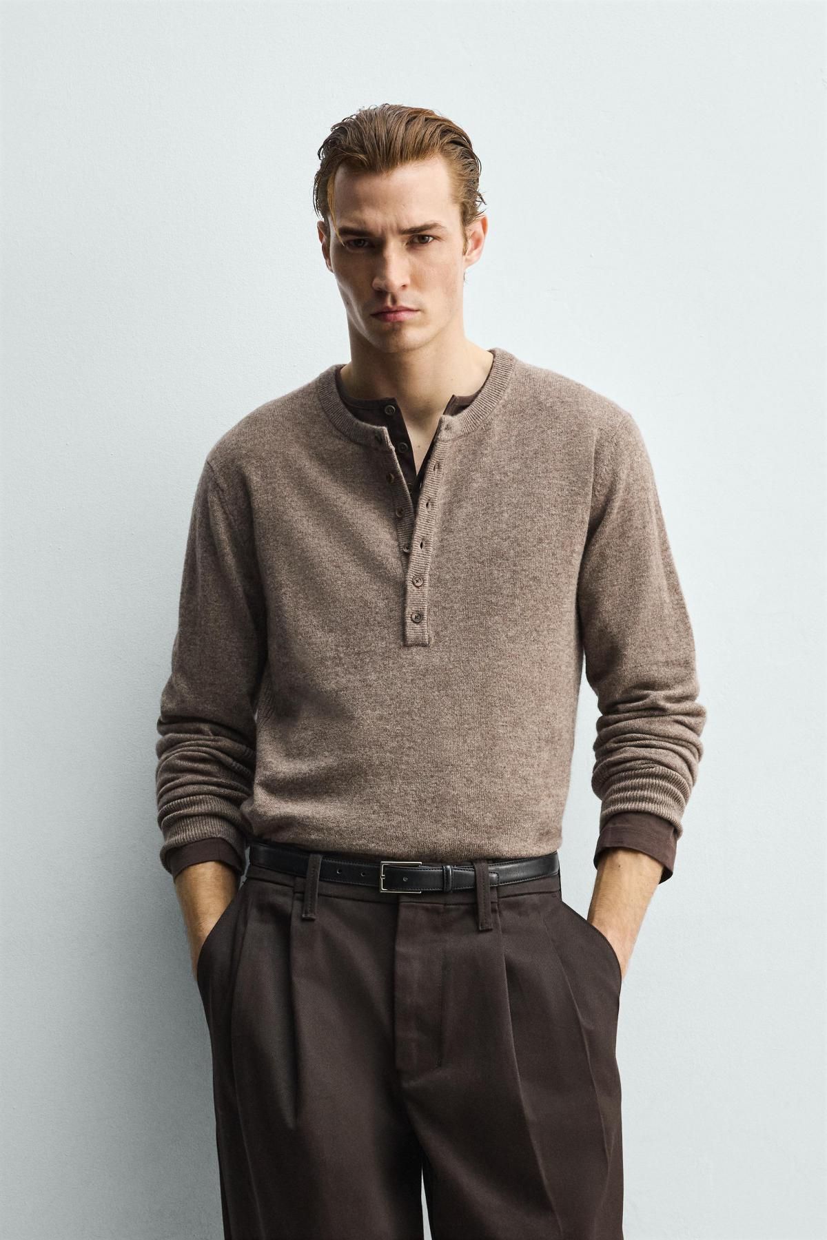자라 울 혼방 베이커 칼라 니트 스웨터 2893/368 BROWN / TAUPE - 상세 이미지 3
