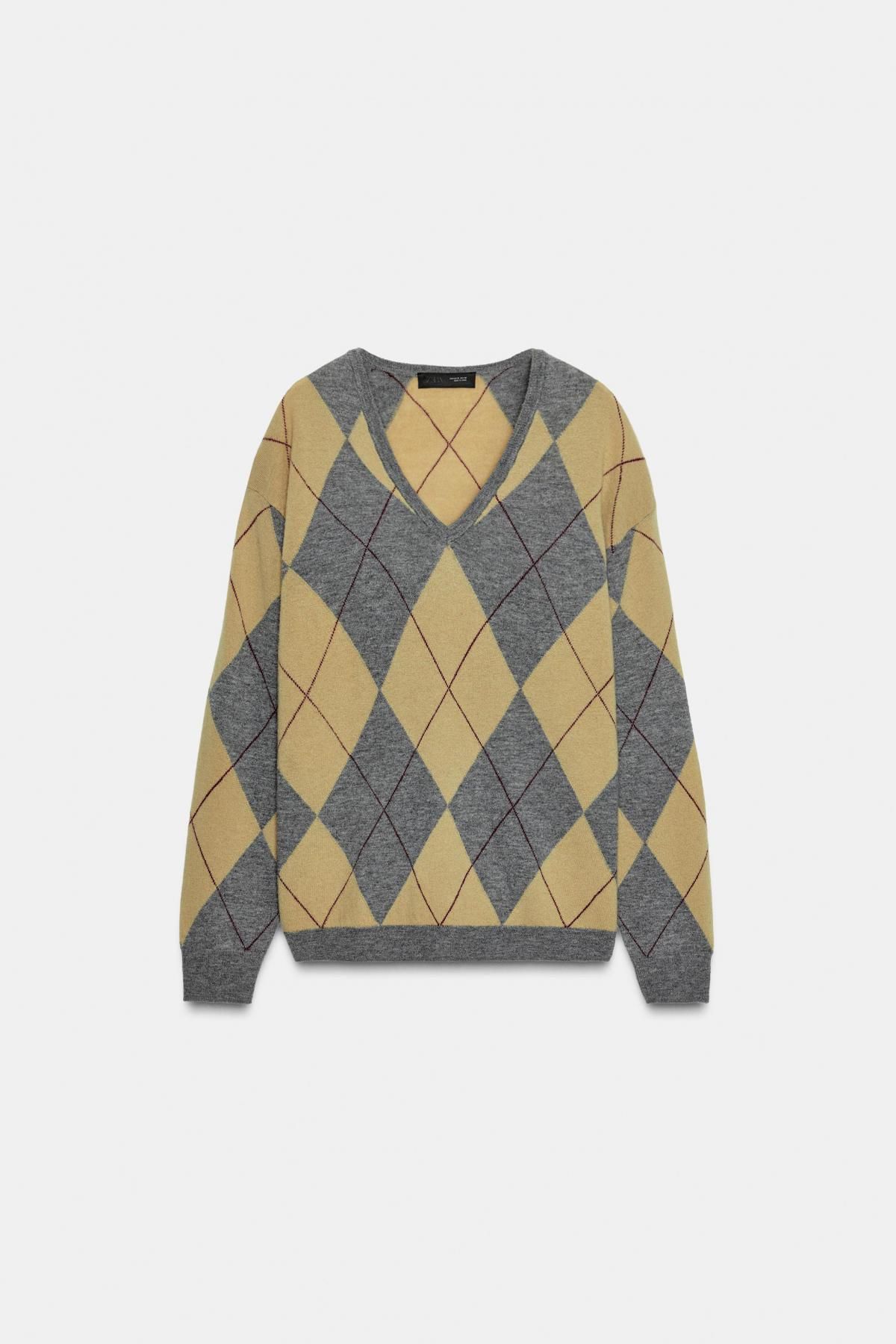 자라 아가일 울 브이넥 니트 스웨터 9598/174 GREY GREEN - 상품 이미지