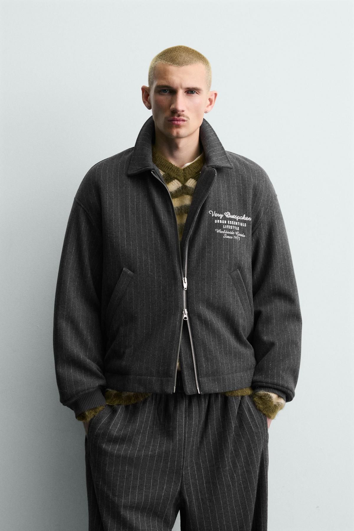 자라 스트라이프 울혼방 자수 집업 재킷 3918/399 LIGHT GREY - 상세 이미지 3