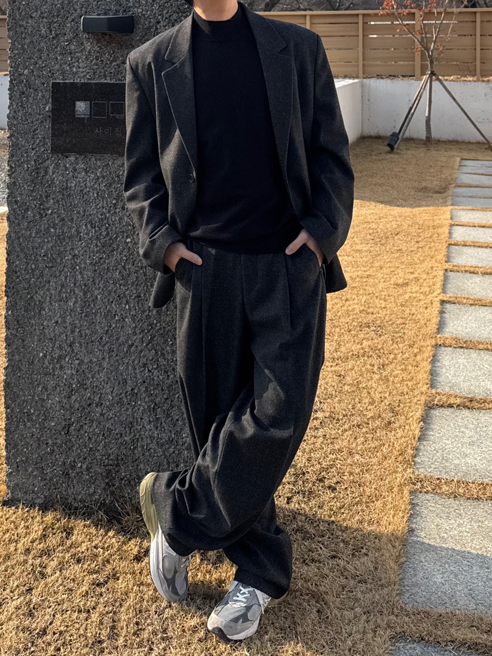(자켓+팬츠) 윈터 프리미엄 울 루즈 셋업 수트 / 겨울 결혼 하객 오버 와이드 정장 - 상세 이미지 5
