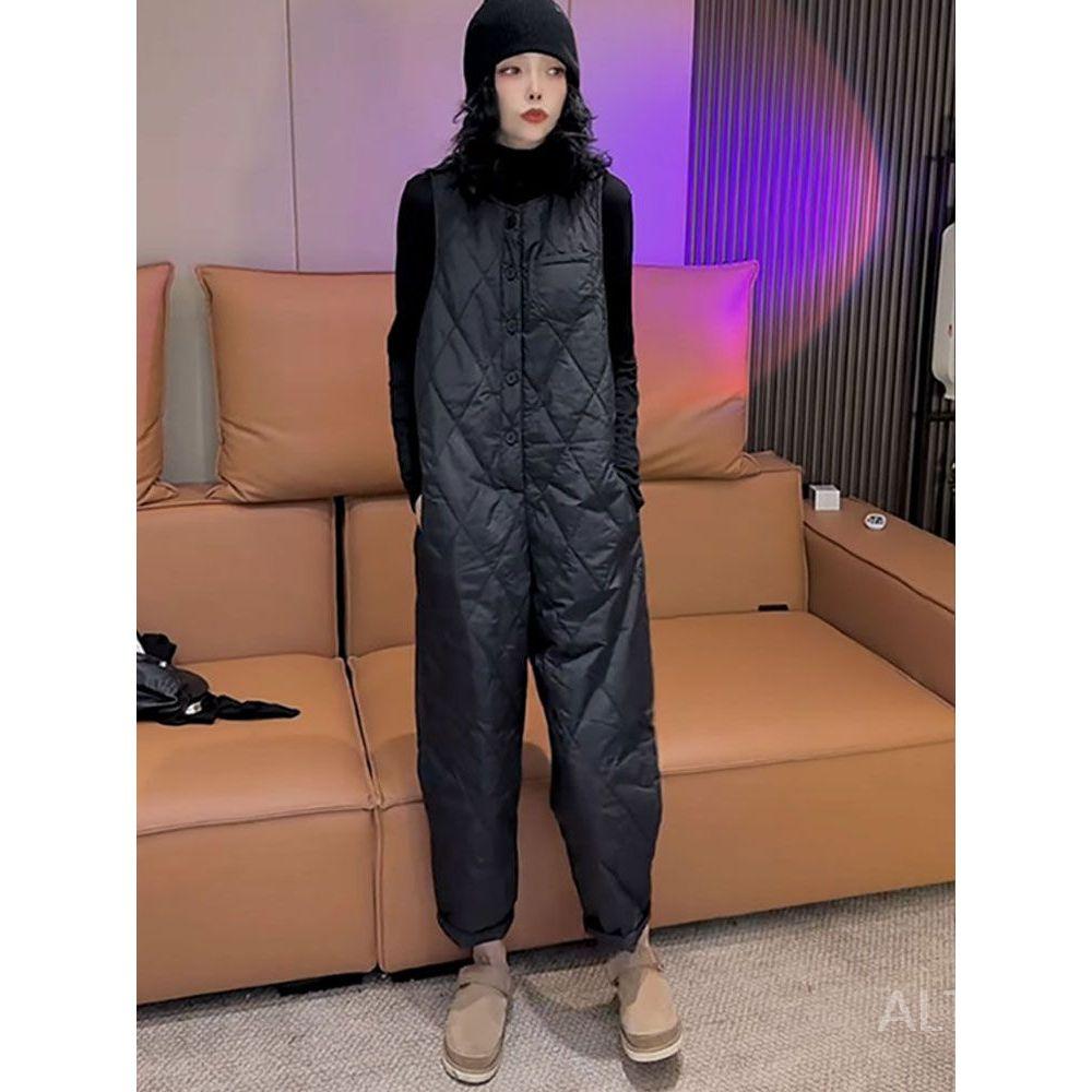 블랙 오버핏 다이아퀼팅 패딩점프수트 여성겨울점프수트 유럽 민소매 - 상세 이미지 3