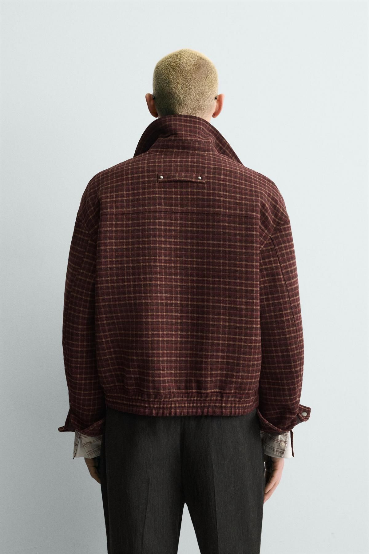 자라 테크니컬 체크 울블렌드 집업 재킷 0155/355 BURGUNDY - 상세 이미지 4