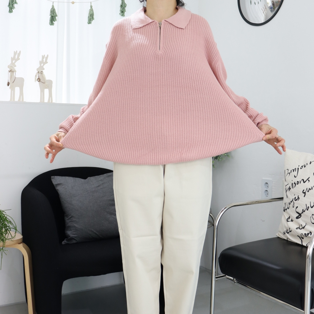 4XL 빅사이즈 카라 지퍼 니트 티셔츠 박시 오버핏 인디핑크 아이보리 긴팔 롱니트티 - 상세 이미지 3