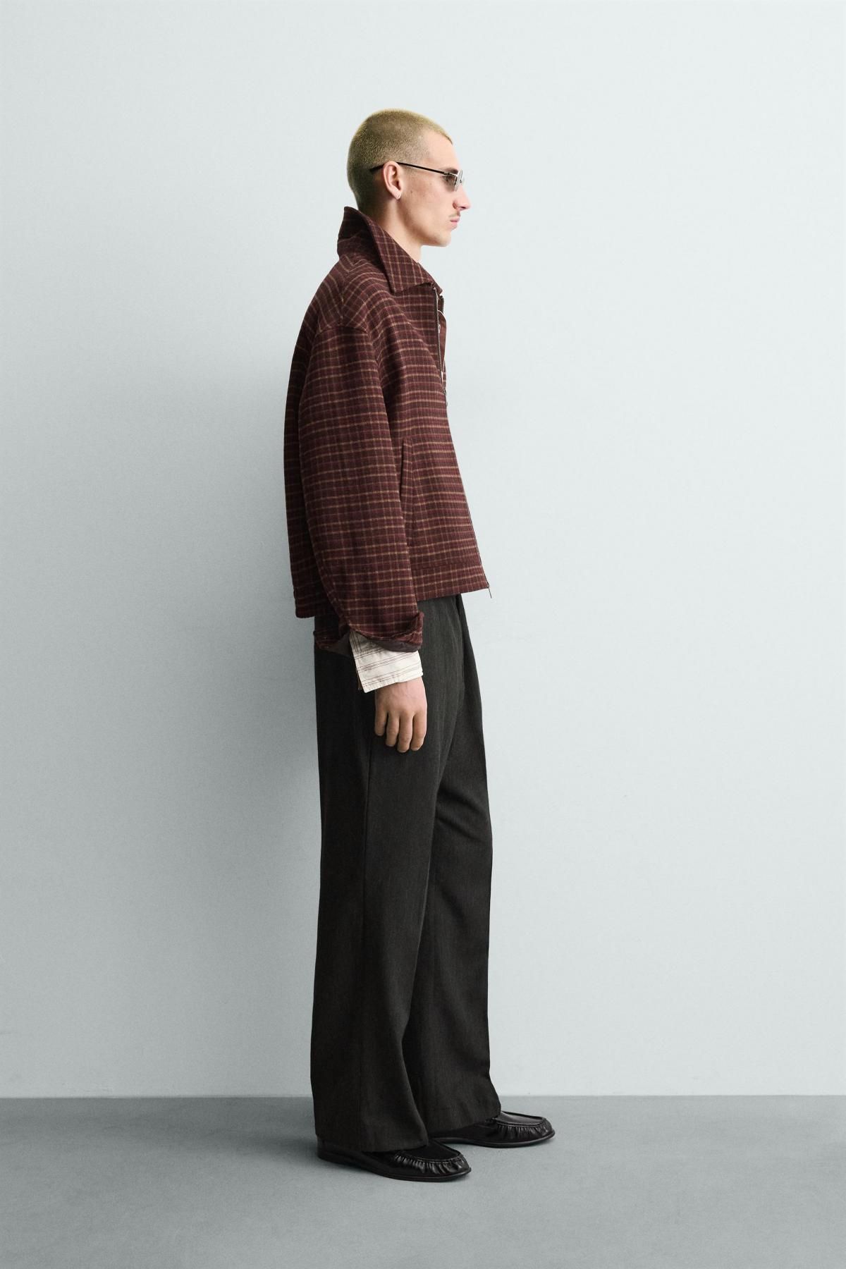자라 테크니컬 체크 울블렌드 집업 재킷 0155/355 BURGUNDY - 상세 이미지 5