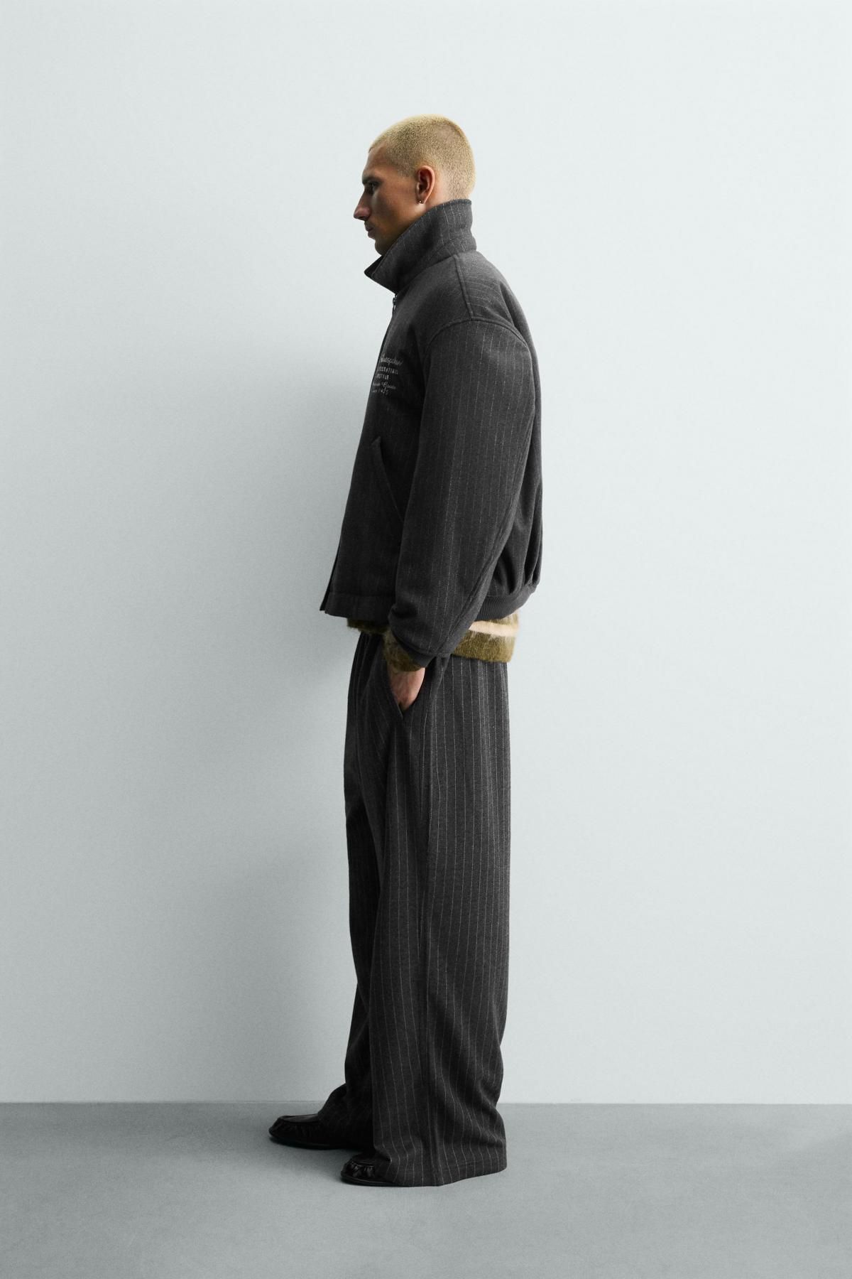 자라 스트라이프 울혼방 자수 집업 재킷 3918/399 LIGHT GREY - 상세 이미지 5
