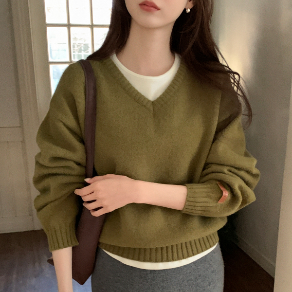 베이직 루즈핏 라운드넥 브이넥 라벨 니트 nt5385 제품 이미지