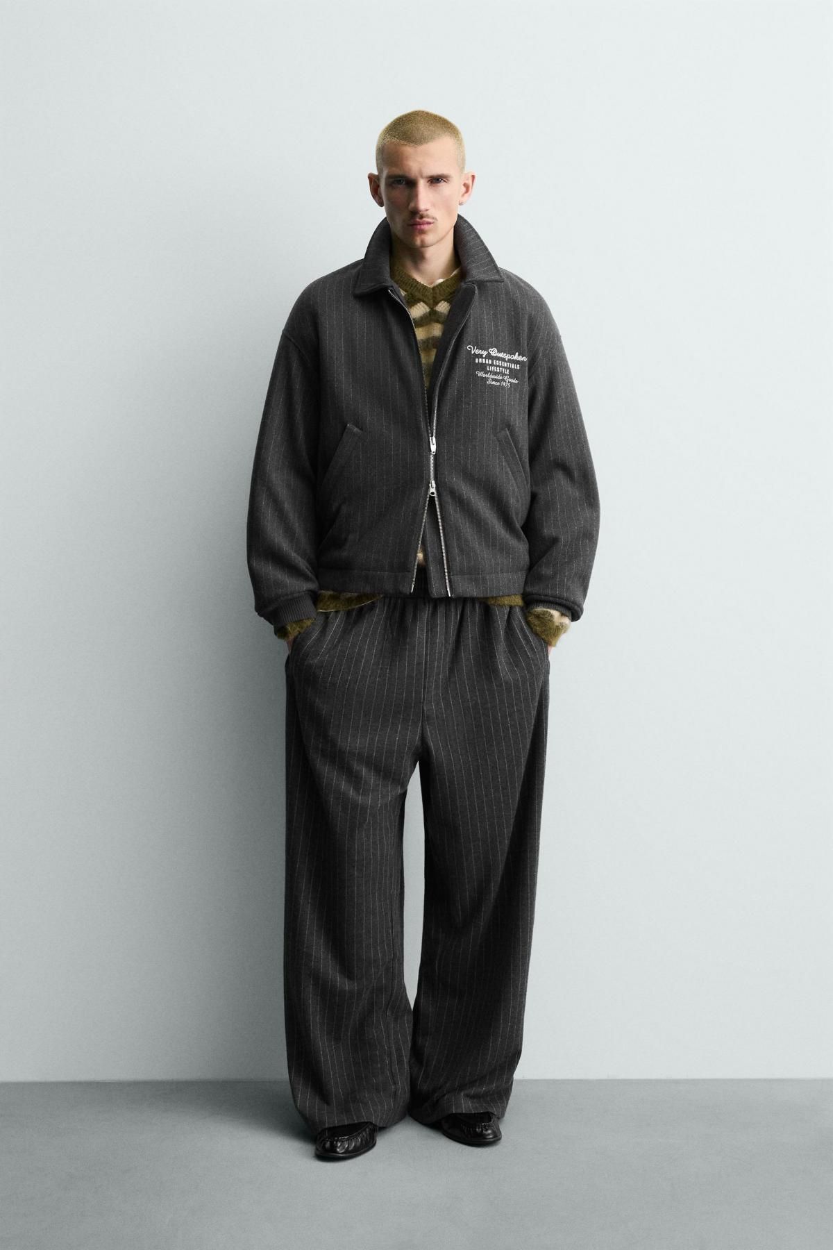 자라 스트라이프 울혼방 자수 집업 재킷 3918/399 LIGHT GREY - 상세 이미지 2