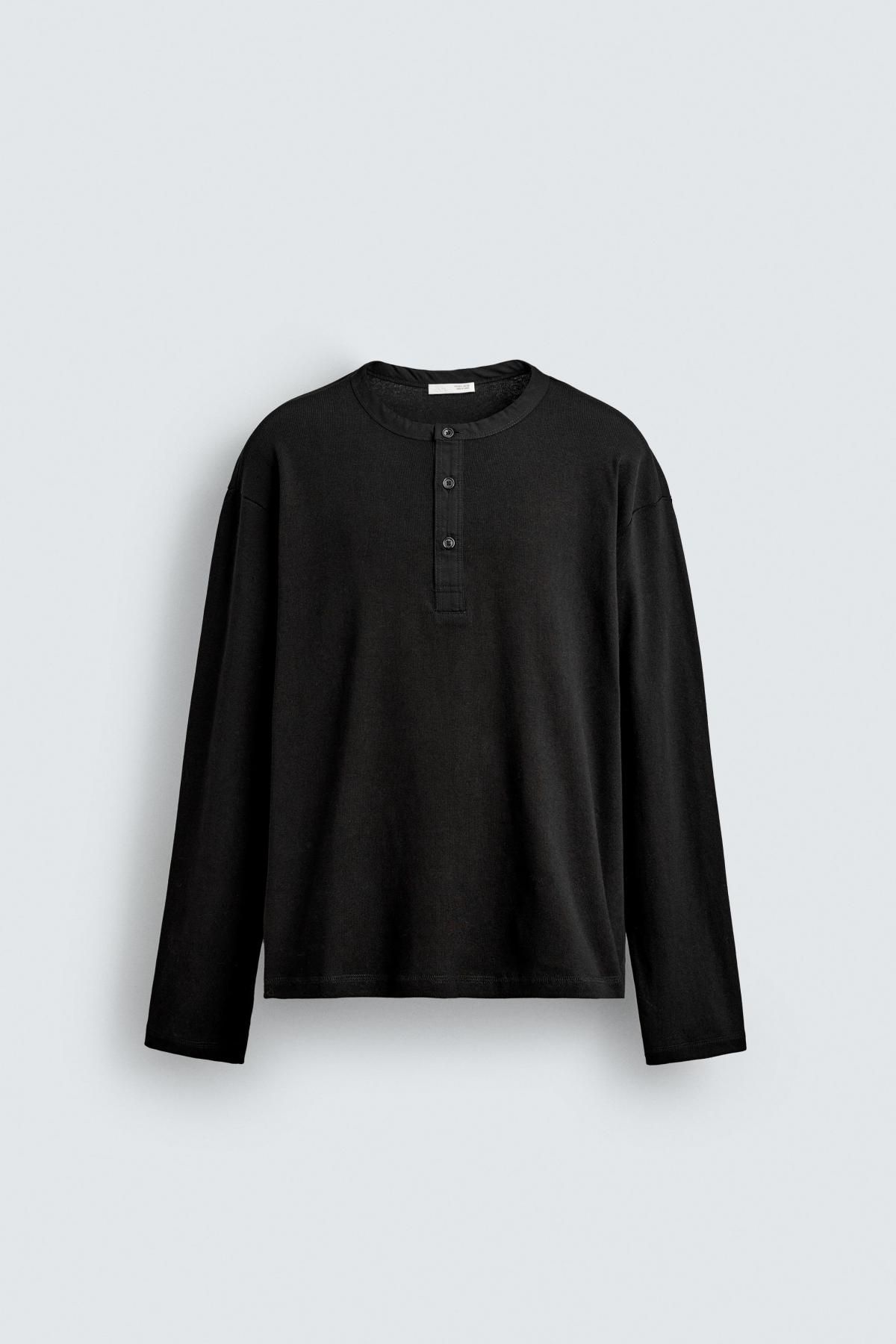 자라 골지 헨리넥 긴팔 티셔츠 블랙 5584/443 BLACK - 메인 이미지