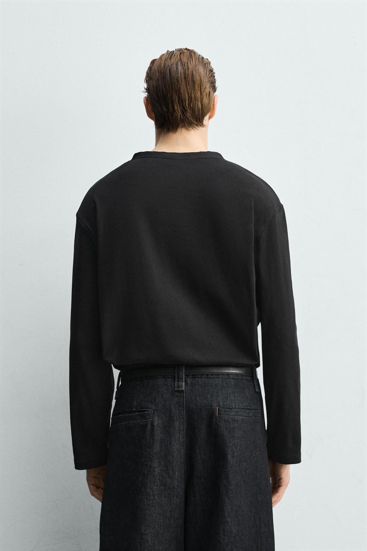 자라 골지 헨리넥 긴팔 티셔츠 블랙 5584/443 BLACK - 상세 이미지 4