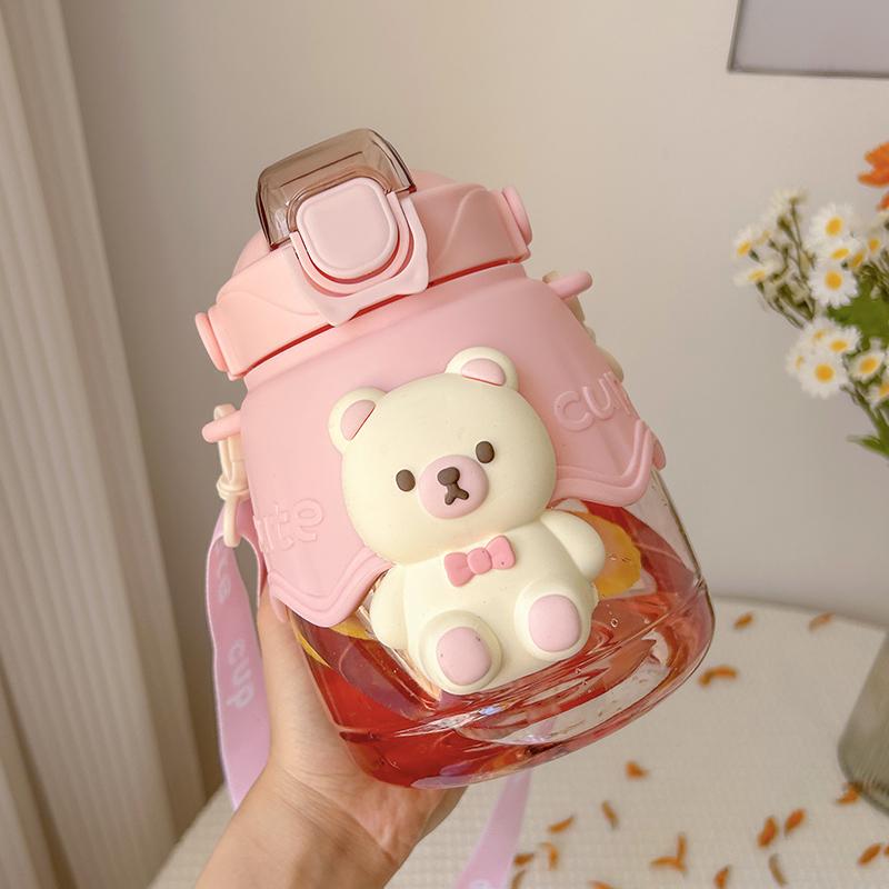 대용량 흡입컵 휴대용 물컵 플라스틱 귀여운 물병 핑크 베어 - 메인 이미지