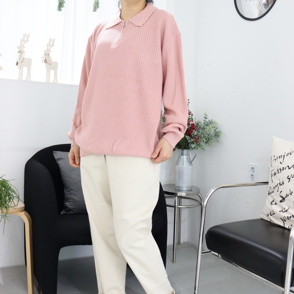 4XL 빅사이즈 카라 지퍼 니트 티셔츠 박시 오버핏 인디핑크 아이보리 긴팔 롱니트티 - 상세 이미지 5