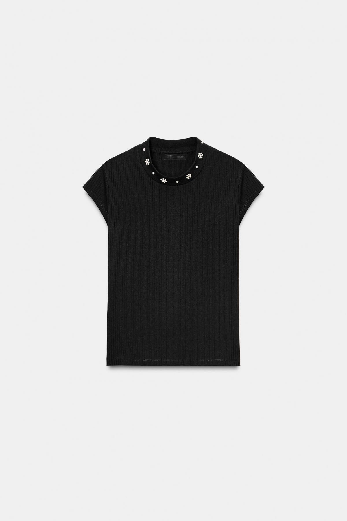 자라 진주장식 슬림핏 반팔 티셔츠 블랙 1131/863 BLACK - 상품 이미지