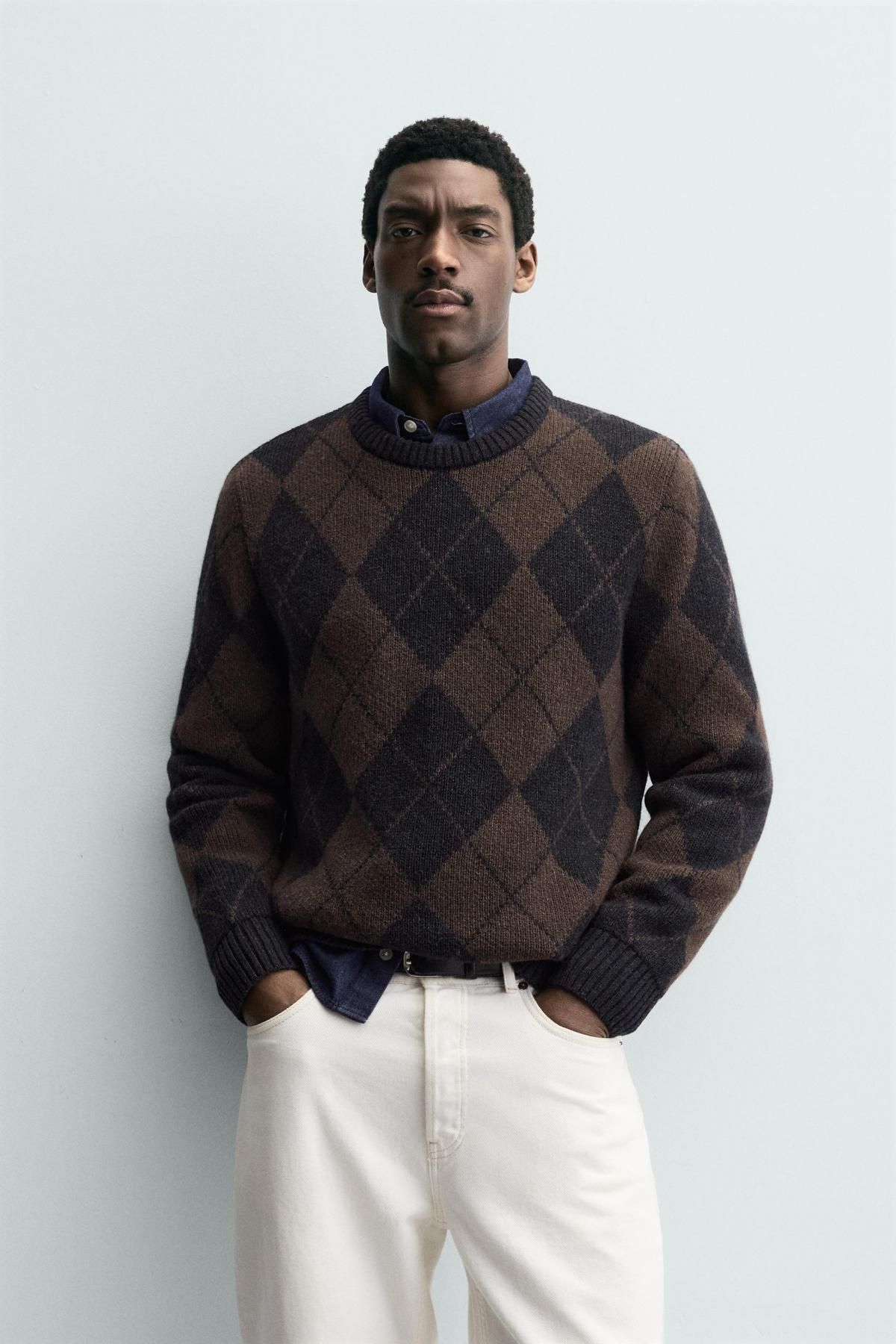 자라 아가일 울 혼방 라운드 니트 스웨터 2632/311 DARK BROWN - 상세 이미지 3