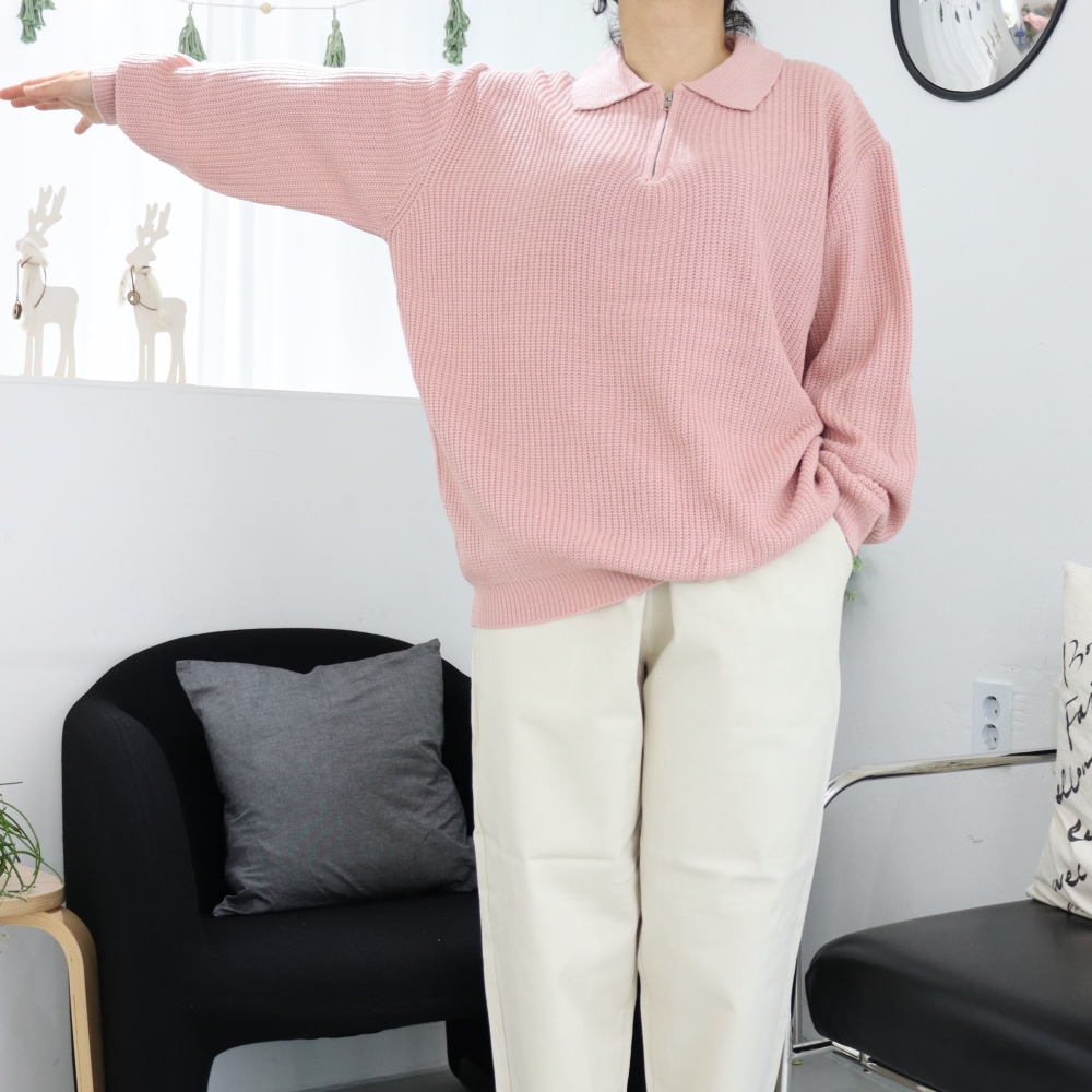 4XL 빅사이즈 카라 지퍼 니트 티셔츠 박시 오버핏 인디핑크 아이보리 긴팔 롱니트티 이미지 6