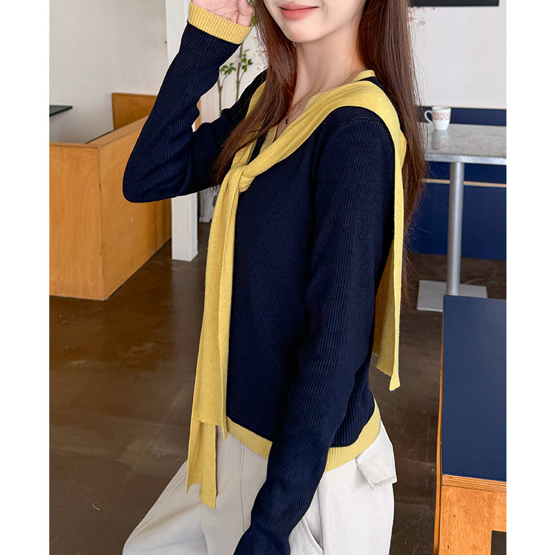 여성 넥 스카프 배색 긴팔 니트 티셔츠 데일리 오피스룩 베이직 루즈핏 가을 - 상세 이미지 3
