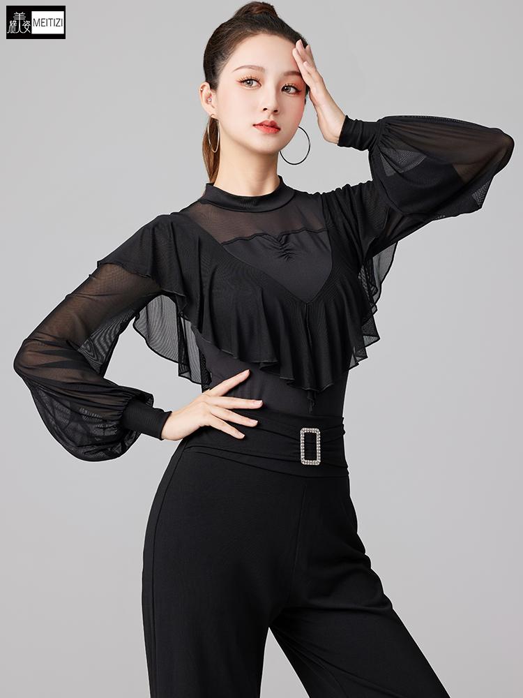 라인댄스상의 긴팔 반팔 라틴댄스복 상의탑 고급 줌바 블랙 S - 상품 이미지
