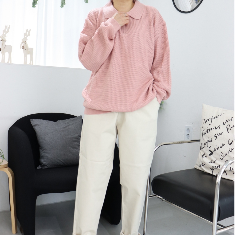 4XL 빅사이즈 카라 지퍼 니트 티셔츠 박시 오버핏 인디핑크 아이보리 긴팔 롱니트티 - 상세 이미지 4