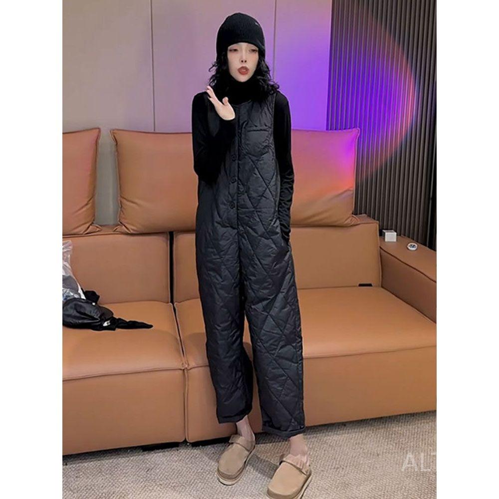 블랙 오버핏 다이아퀼팅 패딩점프수트 여성겨울점프수트 유럽 민소매 - 상세 이미지 2